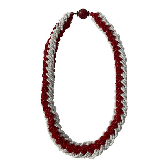 VTG Italian Red & White Glass Seed Bead Necklace – 1960s–1980s – Spiral Rope “Ca - Picture 2 of 4